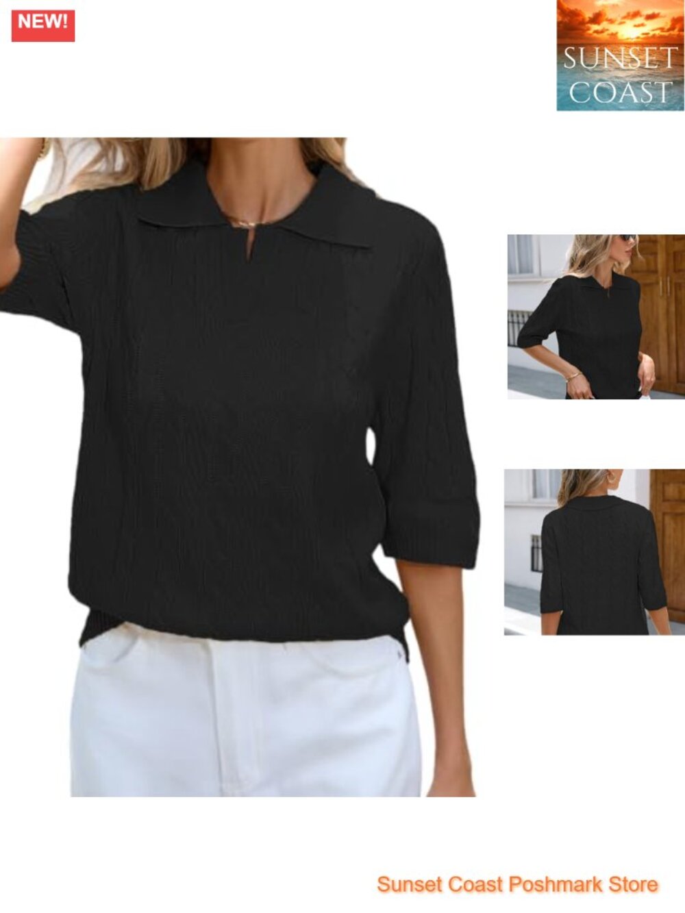 Women Cable Knit Polo Pullover Sweater Short Sleeve Summer Top